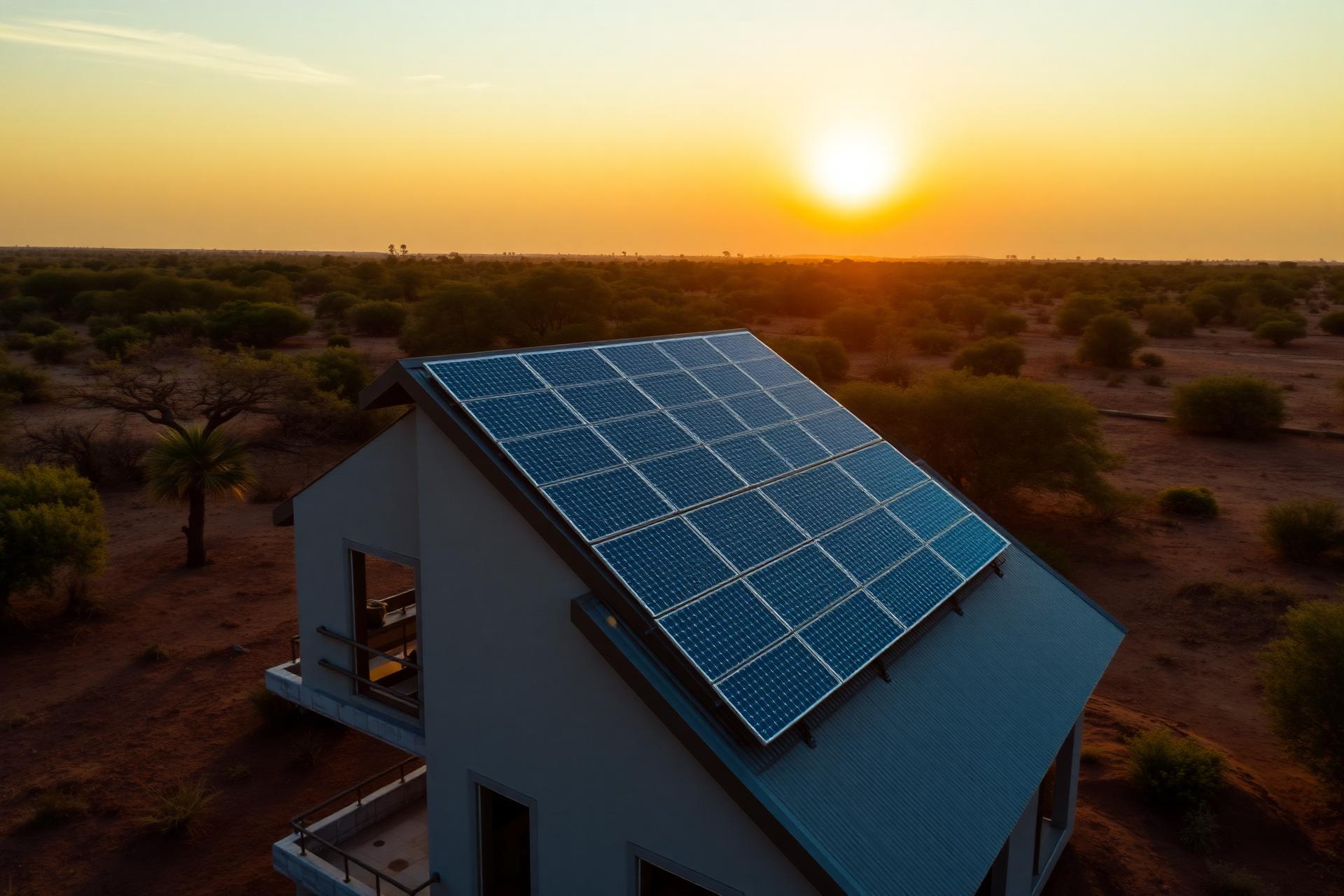 Solar-powered home at sunset